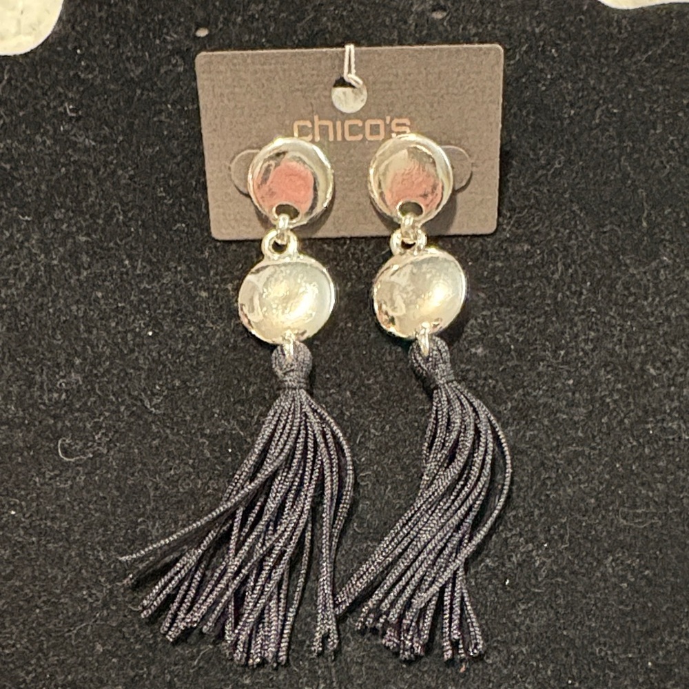 Chico's Silver Disc Earrings with Charcoal Tassels